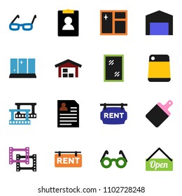 solid vector ixon set - window cleaning vector, shining, cutting board, glasses, personal information, film frame, barn, rent signboard, open