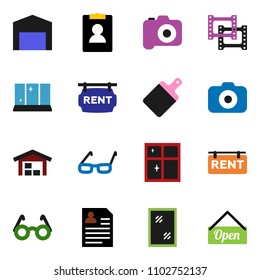 solid vector ixon set - window cleaning vector, shining, cutting board, glasses, personal information, film frame, camera, barn, rent signboard, open