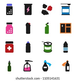 solid vector ixon set - window cleaning vector, liquid soap, agent, garbage pile, oil, pills vial, sports nutrition, enegry drink, water bottle, potion