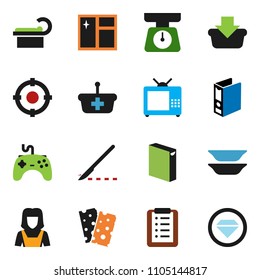 solid vector ixon set - window cleaning vector, washing powder, cleaner woman, scales, plates, binder, breads, gamepad, scalpel, tomography, tv, target, basket, shopping list, diamond ring