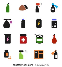 solid vector ixon set - window cleaning vector, liquid soap, sprayer, agent, garbage pile, oil, pills vial, sports nutrition, enegry drink, water bottle, potion