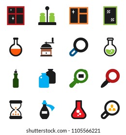 solid vector ixon set - window cleaning vector, shining, hand mill, spices, jar, oil, magnifier, flask, cargo search, sand clock, potion, client