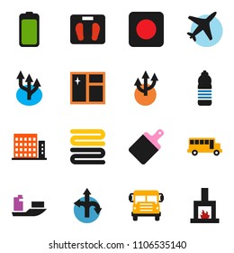 solid vector ixon set - window cleaning vector, towel, cutting board, school bus, scales, water bottle, route, plane, ship, battery, rec button, arrow, apartments, fireplace