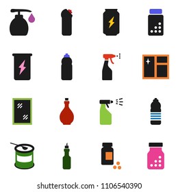 solid vector ixon set - window cleaning vector, liquid soap, sprayer, agent, oil, pills vial, sports nutrition, enegry drink, water bottle