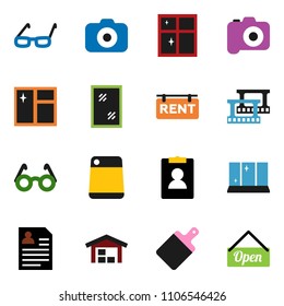 solid vector ixon set - window cleaning vector, shining, cutting board, glasses, personal information, film frame, camera, barn, rent signboard, open