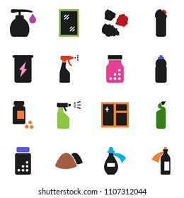 solid vector ixon set - window cleaning vector, liquid soap, sprayer, agent, garbage pile, pills vial, enegry drink, water bottle, potion