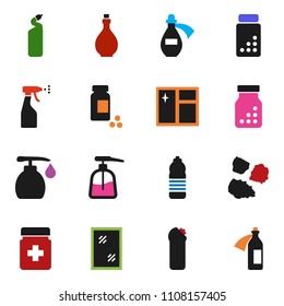 solid vector ixon set - window cleaning vector, liquid soap, sprayer, agent, garbage pile, oil, pills vial, water bottle, potion