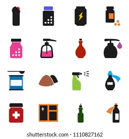 solid vector ixon set - window cleaning vector, liquid soap, sprayer, agent, garbage pile, oil, pills vial, sports nutrition, enegry drink, bottle, potion