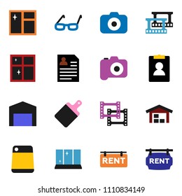 solid vector ixon set - window cleaning vector, shining, cutting board, glasses, personal information, film frame, camera, barn, rent signboard