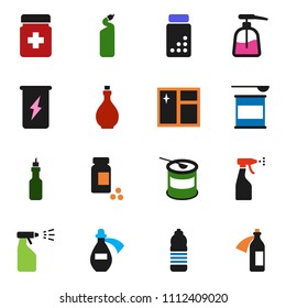 solid vector ixon set - window cleaning vector, liquid soap, sprayer, agent, oil, pills vial, sports nutrition, enegry drink, water bottle, potion