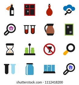 solid vector ixon set - window cleaning vector, shining, oil, spices, jug, jar, no alcohol sign, vial, sand clock, potion, cloud glass, magnifier, search estate