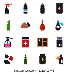 solid vector ixon set - window cleaning vector, liquid soap, sprayer, agent, garbage pile, oil, pills vial, enegry drink, water bottle, potion