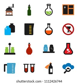 solid vector ixon set - window cleaning vector, oil, measuring cup, hand mill, spices, jar, flask, no alcohol sign, vial, potion, cloud glass