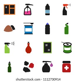 solid vector ixon set - window cleaning vector, liquid soap, sprayer, agent, garbage pile, oil, sports nutrition, water bottle, pills