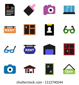 solid vector ixon set - window cleaning vector, shining, cutting board, glasses, personal information, camera, barn, rent signboard, open