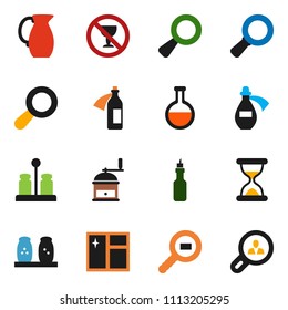 solid vector ixon set - window cleaning vector, hand mill, spices, jug, oil, magnifier, no alcohol sign, cargo search, flask, sand clock, potion, client