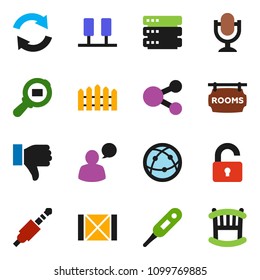 solid vector ixon set - wood box vector, cargo search, microphone, internet, speaking man, finger down, jack, thermometer, server, big data, share, refresh, fence, rooms signboard, unlock, crib