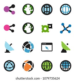solid vector ixon set - world vector, any currency, earth, satellite antenna, internet, social media, connection, network, browser, share, globe