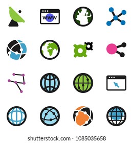 solid vector ixon set - world vector, any currency, earth, satellite antenna, internet, social media, connection, network, browser, globe