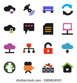 solid vector ixon set - world vector, document, satellitie, video camera, notebook network, cloud, shield, lock, firewall, message, bench, refresh, download, hierarchy, unlock, home