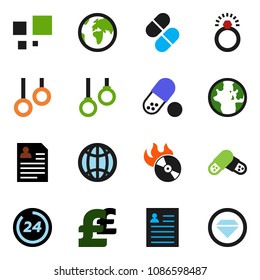 solid vector ixon set - world vector, personal information, pound, pills, gymnast rings, earth, music hit, loading, globe, 24 hour, diamond ring