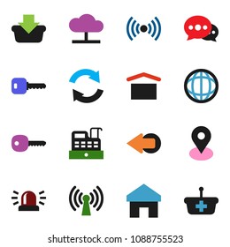solid vector ixon set - world vector, map pin, dry cargo, cloud network, home, message, arrow, refresh, key, siren, wireless, cashbox, basket
