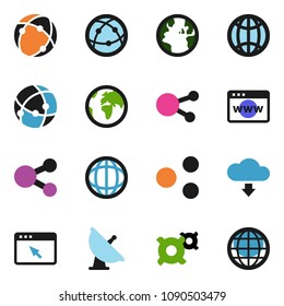 solid vector ixon set - world vector, any currency, earth, satellite antenna, internet, social media, connection, browser, share, cloud download, globe
