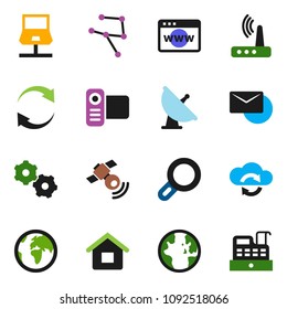 solid vector ixon set - world vector, earth, satellite antenna, satellitie, video camera, network, notebook, cloud exchange, browser, gear, router, refresh, mail, magnifier, house, cashbox