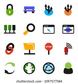 solid vector ixon set - world vector, internet, server, network folder, browser, usb modem, bench, refresh, chain, route arrow, lock, stop, magnifier, customer