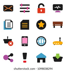 solid vector ixon set - world vector, document, mobile phone, favorites, mail, diagnostic monitor, equalizer, router, share, home, bench, attention sign, unlock, basket