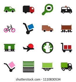 solid vector ixon set - world vector, bike, Railway carriage, plane, truck trailer, sea container, car, cargo, search, amkbulance, trolley, delivery