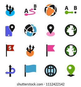 solid vector ixon set - world vector, flag, dollar, route, earth, map pin, traking, connection, globe, arrow