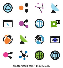 solid vector ixon set - world vector, any currency, satellite antenna, internet, social media, connection, network, browser, share, globe