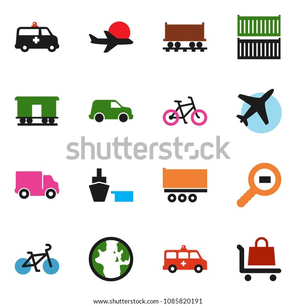 solid vector ixon set - world vector,\
bike, Railway carriage, plane, truck trailer, sea container,\
delivery, car, port, cargo search, amkbulance,\
trolley
