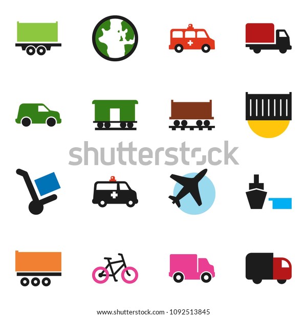 solid vector ixon set - world vector, bike,\
Railway carriage, plane, truck trailer, sea container, delivery,\
car, port, amkbulance,\
trolley