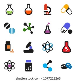 solid vector set - atom vector, microscope, flask, pills vial, molecule