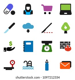solid vector set - cleaner woman vector, scales, copybook, cart, investment, punching bag, pills, pool, big, notebook pc, scalpel, firewall, cloud download, fruit tree, mail