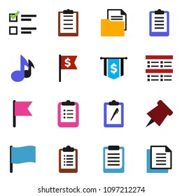 solid vector set - clipboard vector, paper pin, music, flag, exam, dollar, document