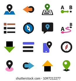 solid vector set - compass vector, arrow down, up, navigator, map pin, traking, route, menu