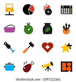 solid vector set - foam basin vector, pan, meat hammer, blender, cereal, chicken leg, telescope, pie graph, stopwatch, calendar, heart cross, music hit, favorites, notebook network, route arrow