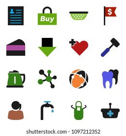 solid vector set - kettle vector, colander, apron, meat hammer, cake, personal information, arrow down, dollar flag, molecule, support, heart cross, tooth, connection, water supply, buy, basket