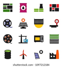 solid vector set - microwave oven vector, sea container, consolidated cargo, oil barrel, big scales, film spool, solar panel, windmill, construction crane, factory