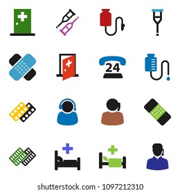 solid vector set - phone 24 vector, support, crutches, patch, pills blister, hospital bed, drop counter, medical room