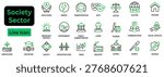 Solid vector of Society Sector icon set. Sector of society icon set Containing agriculture, education, sports, travel, healthcare, energy, technology, transportation, arts, justice.