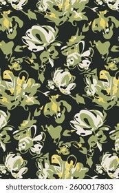 solid vector textile design, arrangement with big silhouette abstract roses flower, all-over seamless pattern with green and yellow tone color illustration digital image printing factory