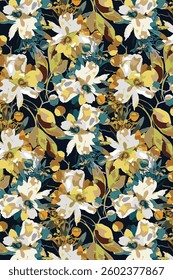Solid vector textile design, arrangement with monochrome medium abstract hibiscus flower, all-over seamless pattern with Tosca and yellow tone color illustration digital image printing factory