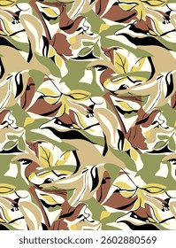 Solid vector textile design, arrangement with block abstract shape and leaves,  all-over seamless pattern with green and yellow tone color illustration digital image printing factory