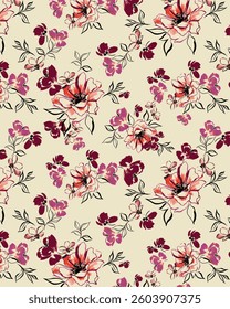 Solid vector textile design, arrangement with abstract roses and contour flower, all-over seamless pattern with red and pink tone color illustration digital image printing factory
