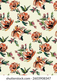 Solid vector textile design, arrangement with big outline abstract rose flowers, all-over seamless pattern with orange and green tone color illustration digital image printing factory