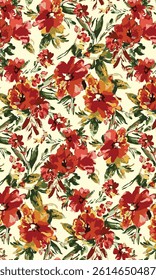Solid vector textile design, arrangement with a big abstract hibiscus flower, all-over seamless pattern with red and green tone color illustration, bright background digital image printing factory